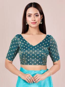 VAMAS - THE DESIGNER BLOUSES - Teal Signature V Neck Brocade Blouse