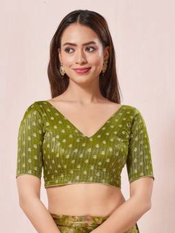 VAMAS - THE DESIGNER BLOUSES - Green Signature V Neck Brocade Blouse
