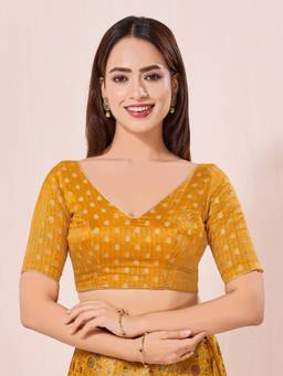 VAMAS - THE DESIGNER BLOUSES - Mustard Signature V Neck Brocade Blouse