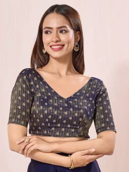 VAMAS - THE DESIGNER BLOUSES - Navy Blue Signature V Neck Brocade Blouse
