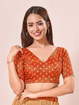 VAMAS - THE DESIGNER BLOUSES - Orange Signature V Neck Brocade Blouse