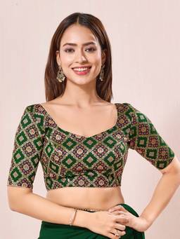 VAMAS - THE DESIGNER BLOUSES - Green Bandhani Brocade Elbow Sleeves Blouse