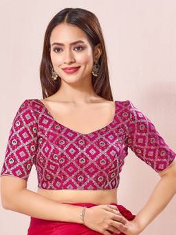 VAMAS - THE DESIGNER BLOUSES - Magenta Bandhani Brocade Elbow Sleeves Blouse