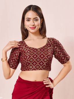 VAMAS - THE DESIGNER BLOUSES - Maroon Bandhani Brocade Elbow Sleeves Blouse