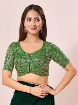 VAMAS - THE DESIGNER BLOUSES - Green Kinkhab Brocade Front Open Blouse