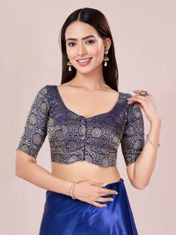 VAMAS - THE DESIGNER BLOUSES - Navy Blue Kinkhab Brocade Front Open Blouse