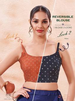VAMAS - THE DESIGNER BLOUSES - Reversible Blue with Rust Foil Printed Side Stretch Blouse