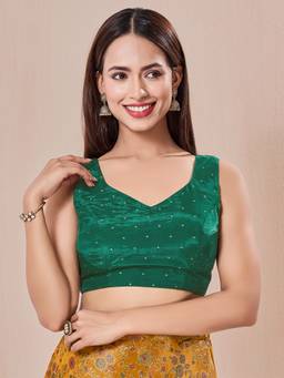 VAMAS - THE DESIGNER BLOUSES - Green Pure Crepe Silk Paan Neckline Sleeveless Blouse