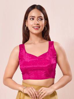 VAMAS - THE DESIGNER BLOUSES - Pink Pure Crepe Silk Paan Neckline Sleeveless Blouse