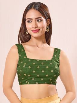 VAMAS - THE DESIGNER BLOUSES - Green Checks Butti Festive Square Neck Blouse