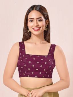 VAMAS - THE DESIGNER BLOUSES - Wine Checks Butti Festive Square Neck Blouse