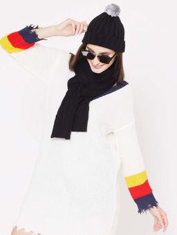 Bharatasya - Black Ultra Soft Ribbed Pom-Pom Winter Cap and Muffler (Set of 2)