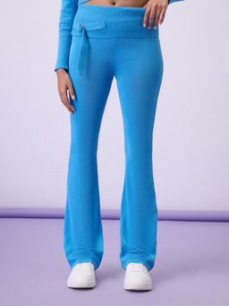 MIXT by Nykaa Fashion - Blue Solid High Waist Ribbed Pants