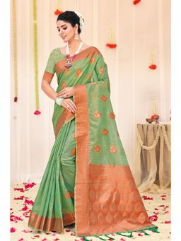 Sangam Prints - Green Organza Woven Zari Work Traditional Tassel Saree with Unstitched Blouse