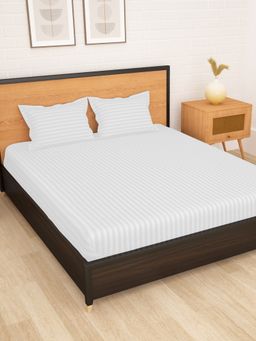 Story@Home - 300 TC Stripes Microfiber Double Size bedsheet with 2 Pillow Covers White