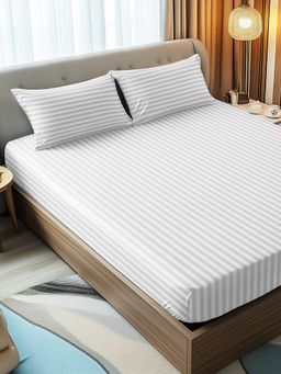 Story@Home - 300 TC Stripes Microfiber Fitted King Bedsheet with 2 Pillow Covers White