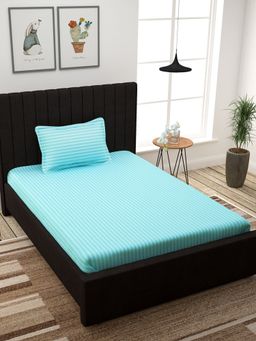 Story@Home - 300 TC Cotton Satin Stripes Single Bedsheet with 1 Pillow Cover Blue