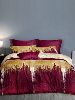 Story@Home - 240 TC Microfiber Double Printed Flat Bedsheet with 2 Pillow Covers Maroon & Yellow