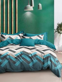 Story@Home - 240 TC Microfiber Printed Flat Bedsheet with 2 Pillow Covers Cyan Blue & White