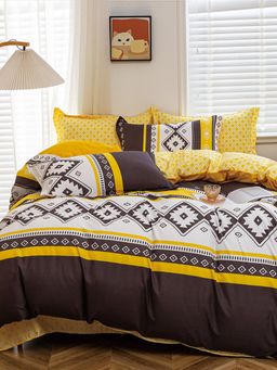 Story@Home - 240 TC Microfiber Printed Flat Bedsheet with 2 Pillow Covers Black & Yellow
