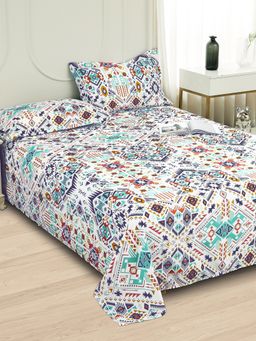 Story@Home - 240 TC Microfiber Printed Flat Bedsheet with 2 Pillow Covers White & Blue