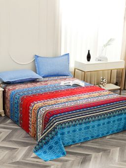 Story@Home - 240 TC Microfiber Double Printed Flat Bedsheet with 2 Pillow Covers Light Blue & Red