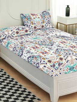 Story@Home - Microfiber Queen Fitted Bedsheet with 2 Pillow Covers White & Blue