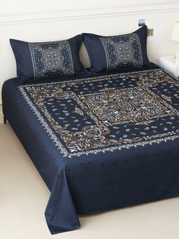 Story@Home - Microfiber 300 TC King Size Bedsheet with 2 Pillow Covers, Dark Blue & Beige