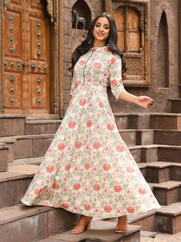 Vinya - Off White Printed Cotton Zipper Dress