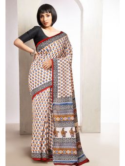 Unnati Silks - Cream Pure Bagru Printed Soft Cotton Saree with Unstitched Blouse