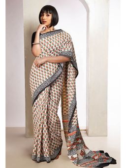 Unnati Silks - Cream Pure Bagru Printed Soft Cotton Saree with Unstitched Blouse