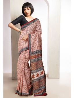 Unnati Silks - Cream Pure Bagru Printed Soft Cotton Saree with Unstitched Blouse