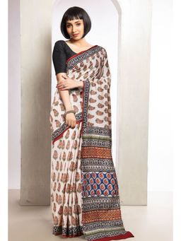 Unnati Silks - Cream Pure Bagru Printed Soft Cotton Saree with Unstitched Blouse