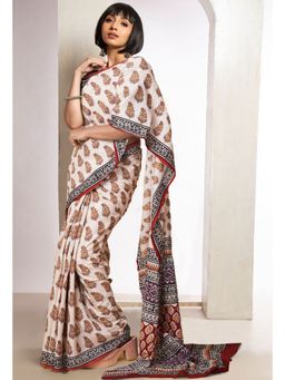 Unnati Silks - Cream Pure Bagru Printed Soft Cotton Saree with Unstitched Blouse