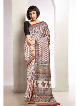 Unnati Silks - Cream Pure Bagru Printed Soft Cotton Saree with Unstitched Blouse
