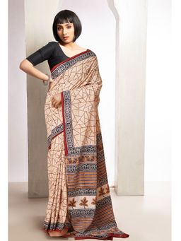 Unnati Silks - Beige Pure Bagru Printed Soft Cotton Saree with Unstitched Blouse