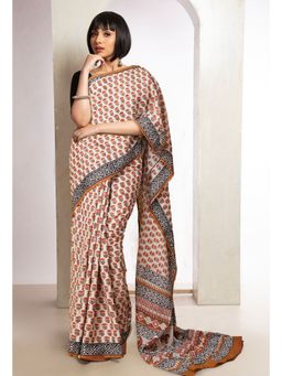 Unnati Silks - Cream Pure Bagru Printed Soft Cotton Saree with Unstitched Blouse