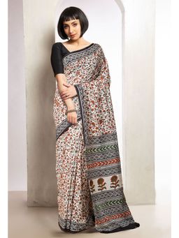 Unnati Silks - Cream Pure Bagru Printed Soft Cotton Saree with Unstitched Blouse