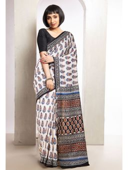 Unnati Silks - Cream Pure Bagru Printed Soft Cotton Saree with Unstitched Blouse