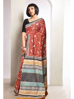 Unnati Silks - Red Pure Bagru Printed Soft Cotton Saree with Unstitched Blouse