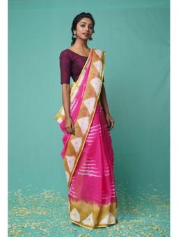 Unnati Silks - Pink Pure Shibori Printed Kota Saree with Unstitched Blouse