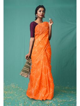 Unnati Silks - Orange Pure Shibori Printed Kota Saree with Unstitched Blouse