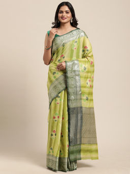 Banarasi Silk Works - Pistachio Matka Silk Tilfi Boota Zari Border Saree with Unstitched Blouse