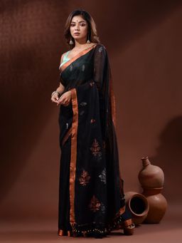 CHARUKRITI - Black Linen Handwoven Saree with Nakshi Motifs with Unstitched Blouse