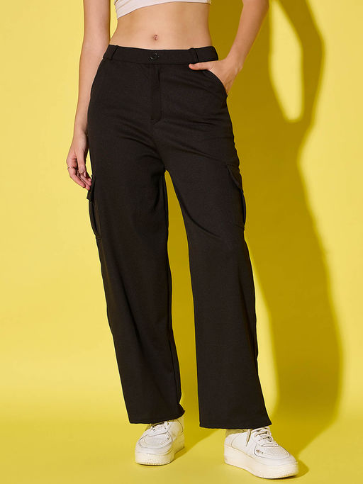 Buynewtrend Black Straight Fit Solid Cargo Pant