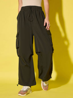 Buynewtrend - Olive Women Loose Fit Parachute Trousers