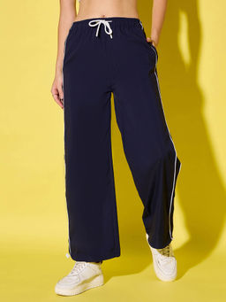 Buynewtrend - Navy Blue Women's Polyester Track Pant with Ankle Drawstring