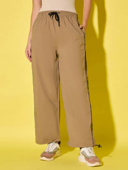 Buynewtrend - Beige Women's Polyester Track Pant with Ankle Drawstring