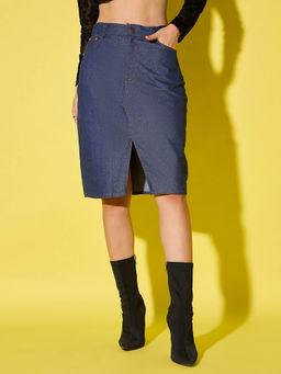 Buynewtrend - Navy Blue Women's Mid-Waist Denim Skirt with Front Slit