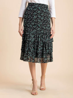 Moomaya - Floral Printed Layered Tiered Midi Skirt
